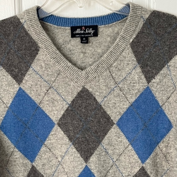 Allen Solly Men's 100% 2 Ply Cashmere Argyle V Neck Sweater M Preppy Academia - Picture 3 of 14